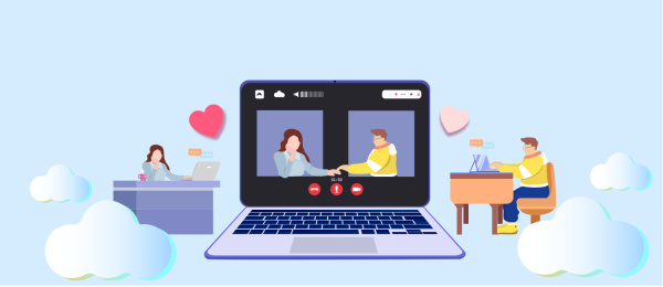 和女孩视频通话云聚会的插画