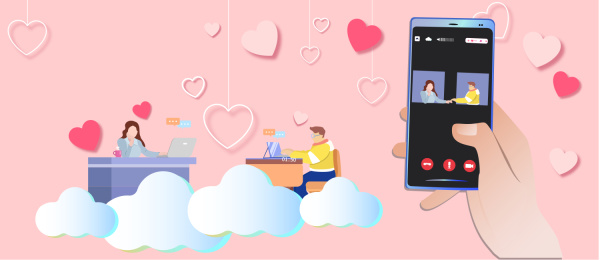 和女孩视频通话云聚会的插画