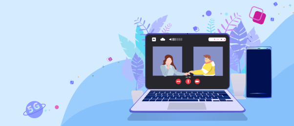 和女孩视频通话云聚会的插画