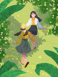 春天两个儿童女孩树林跳舞玩耍二十四节气