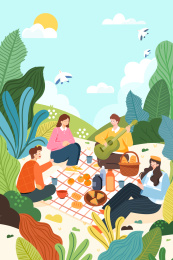 春季野餐的人矢量插画