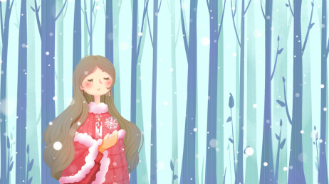 下着雪的森林中，少女伸手接住一片雪花