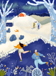 24节气大雪小雪滑冰下雪雪景玩耍极光