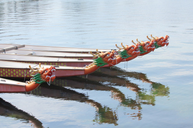 水池里边的一排龙舟