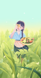 绿油油的麦田里的女孩手绘清新插画
