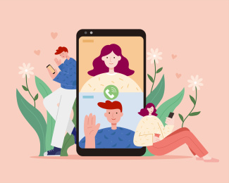 手持手机与朋友进行视频聊天扁平插图