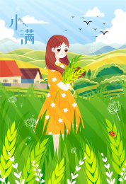 小满节气女孩抱着稻子站在田野里自然风光