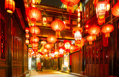 中国新年四川成都锦里古街夜景花灯红灯笼