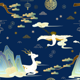 仙鹤与鹿中国风无缝平铺连续插画