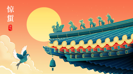 古建筑屋檐神兽雕刻中国风插画