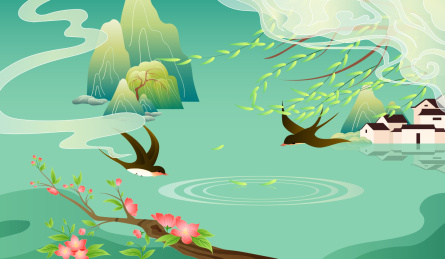 春季中国风山水与燕子