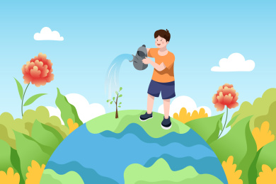 男孩站在地球上给树苗浇水插画