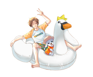 和狗狗坐在天鹅游泳圈的少年