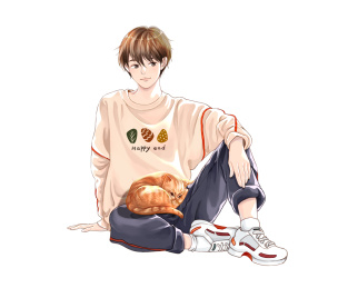 和猫咪在午后嗮太阳的少年