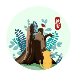 一只小猫坐在树桩旁盯着七星瓢虫的插画