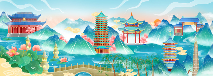 杭州城市建筑中国风插画