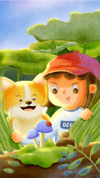 小女孩和小狗在观察草丛中的昆虫