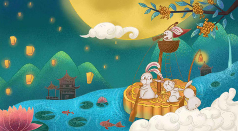 四只小兔子乘月饼船漂流