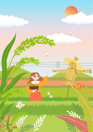 春天女孩站在稻田里和稻草人打招呼田野插画