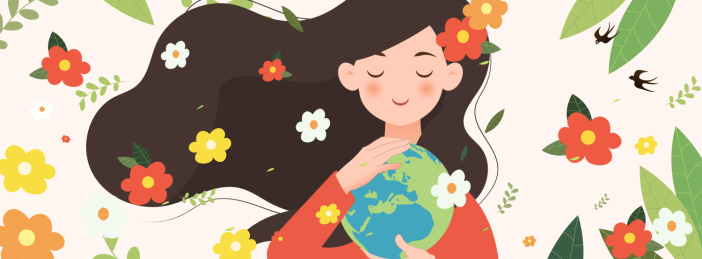 清新女孩抱着地球花卉的世界地球日