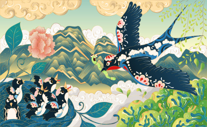 春天燕子捕食喂养国潮插画