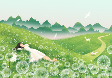 春天躺在草地上的女孩唯美插画海报