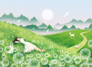 春天躺在草地上的女孩唯美插画海报