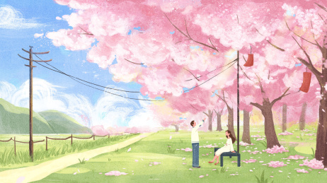 原创春天樱花小清新唯美情侣插画