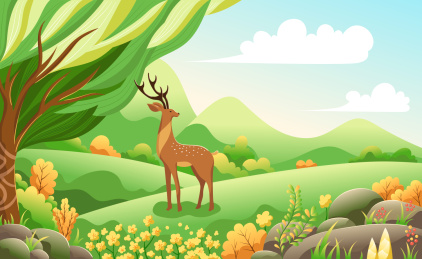 春天户外田园风光和鹿矢量插画