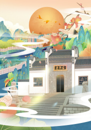 武汉三大名胜之一 古琴台 国风建筑插画
