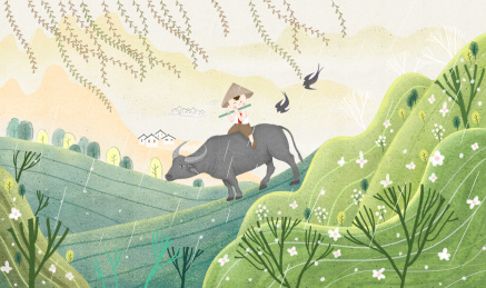 吹笛牧童骑着牛插画