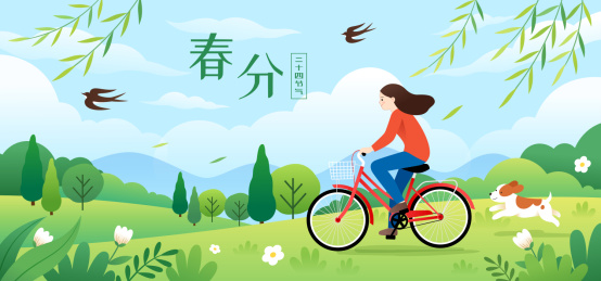 春分时节一个女孩在户外骑自行车