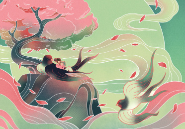 月亮祥云樱花燕子和看书的人