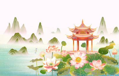 夏天西湖荷花盛开美景手绘插画背景