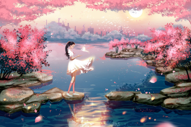 女孩在布满樱花的河边游玩插画