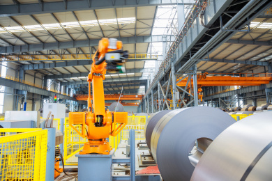 明亮先进的的现代工厂机械臂和自动天车