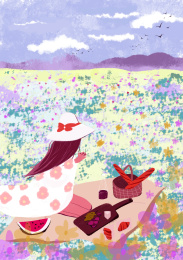 春天女孩子在花丛中野餐插画