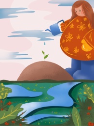 春季主题插画森林小女孩给树苗浇水