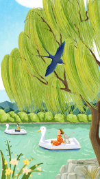 女孩和小猫在湖上泛舟