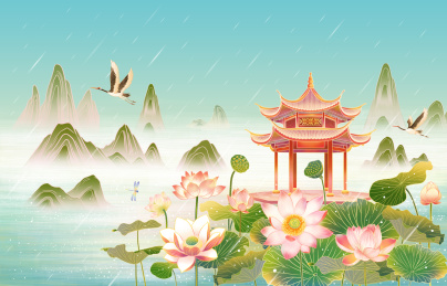 西湖雨景插画海报背景