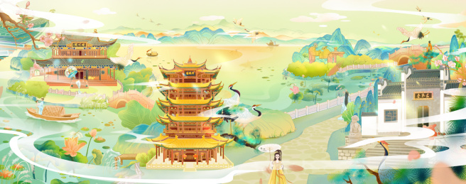 武汉三大名胜城市古建组合插画长卷