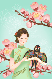 手绘中国风绿色旗袍女子手拿风筝海报插画
