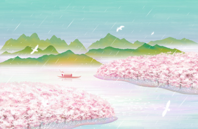 春季樱花盛开园林山水插画海报