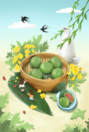 清明节青团美食春天女孩手绘插画素材海报