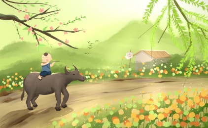 春天野外放牛的牧童插画