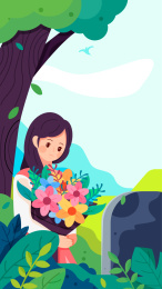 女孩拿着鲜花站在墓碑面前矢量插画