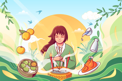 女子烧香跪拜祭祖矢量插画