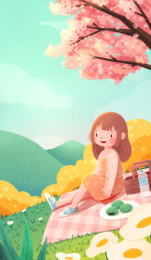 卡通手绘清明节吃青团野餐郊游春游插画