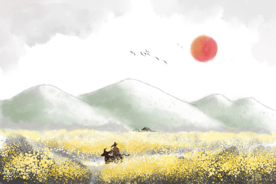 放牛郎在油菜花田里放牛中国风清明节插画