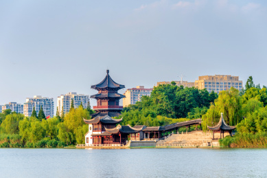 中国江苏泰州凤城河景区桃园风光